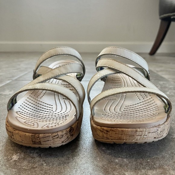 CROCS W11 A Leigh Crisscross Wedge Sandal Tan Leather Heel A-Leigh Cork 11847 - Picture 9 of 12